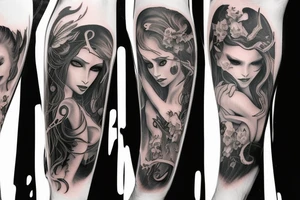Demon girl and dark symbolism arm sleeve tattoo idea