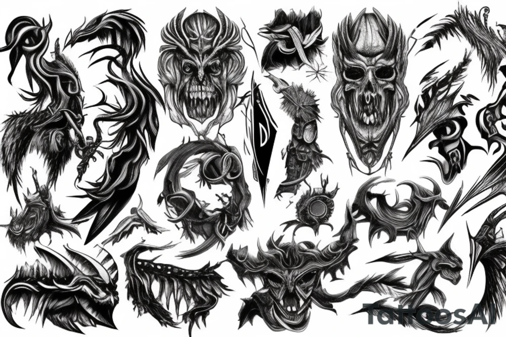 Demonic symbolism and mythological arm sleeve tattoo idea