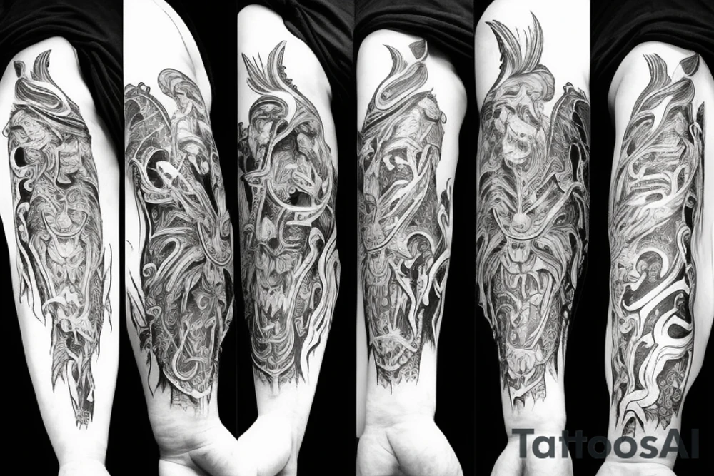 Demonic symbolism and mythological arm sleeve tattoo idea