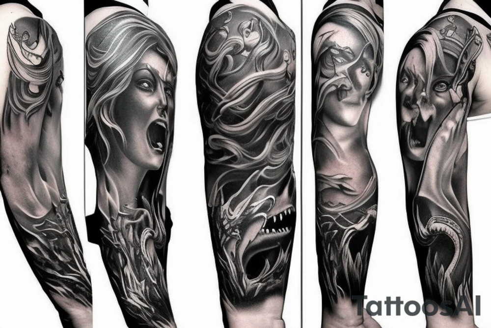 Dark symbolism and mythology demon full arm sleeve tattoo idea