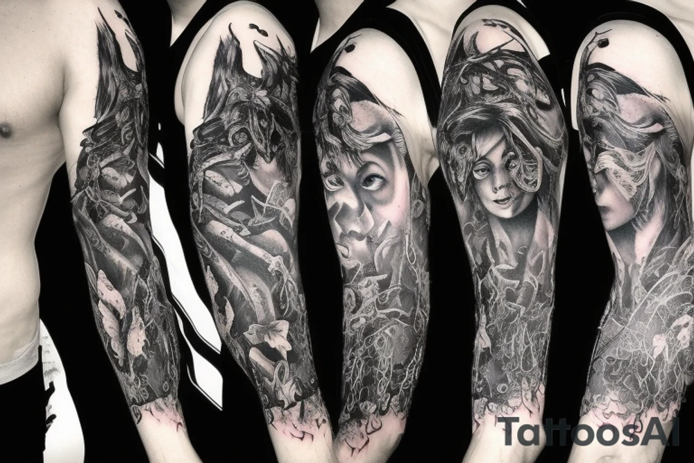 Dark symbolism and mythology demon full arm sleeve tattoo idea