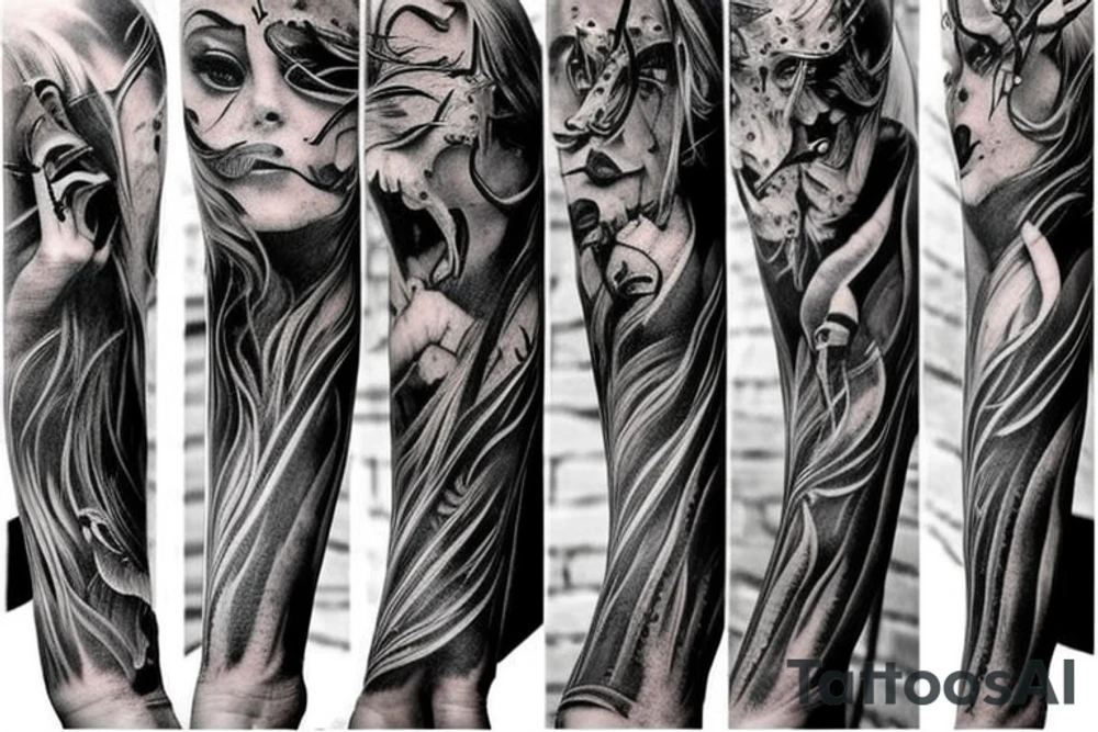 Dark symbolism and mythology demon full arm sleeve tattoo idea