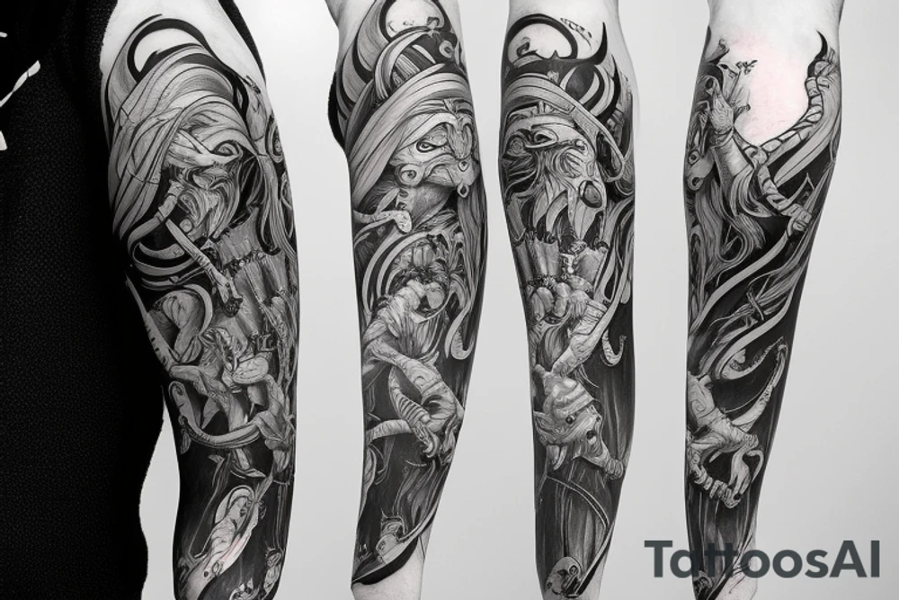 mythology creature full arm sleeve tattoo idea