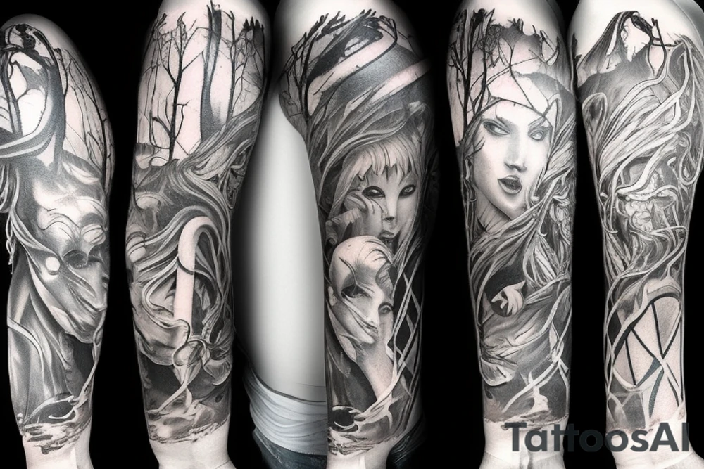 Mythology creatures full arm sleeve tattoo idea
