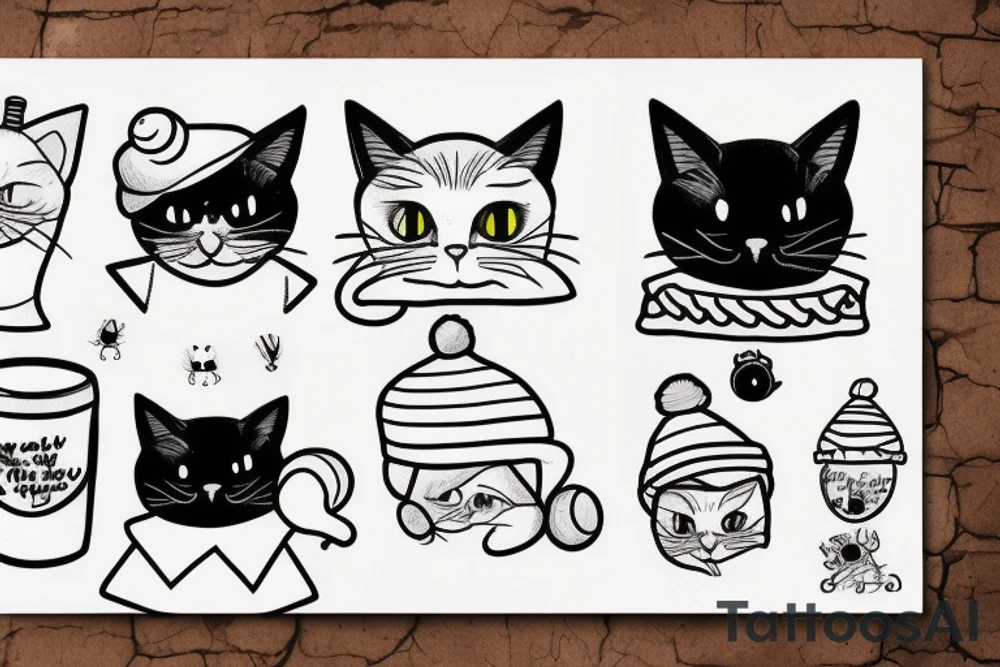 Black cat with a funny hat and a sweater tattoo idea