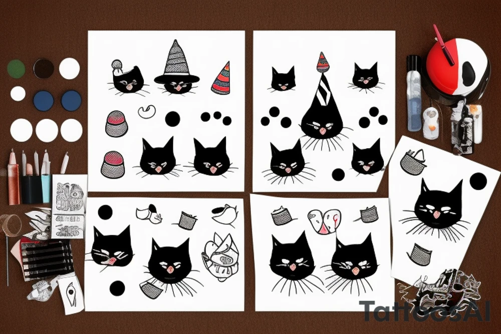 Black cat with a funny hat and a sweater tattoo idea