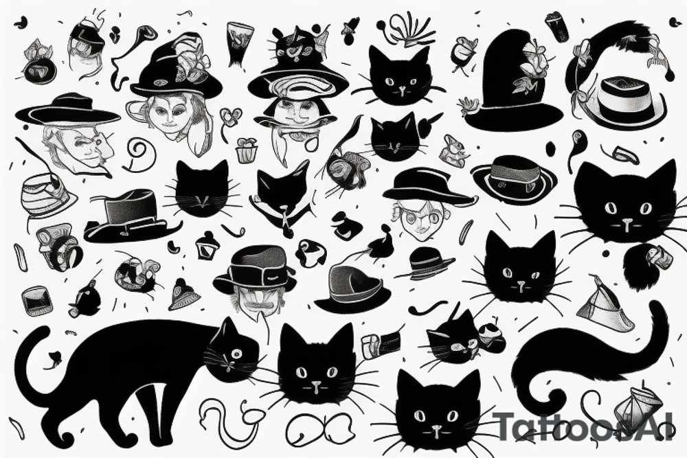 Black cat with a funny hat and a sweater tattoo idea