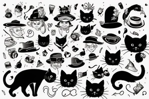 Black cat with a funny hat and a sweater tattoo idea