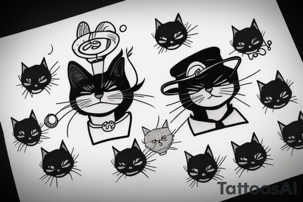 Black cat with a funny hat and a sweater tattoo idea