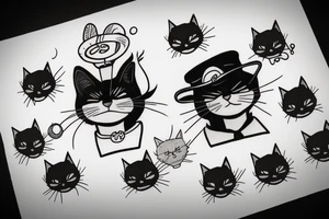 Black cat with a funny hat and a sweater tattoo idea