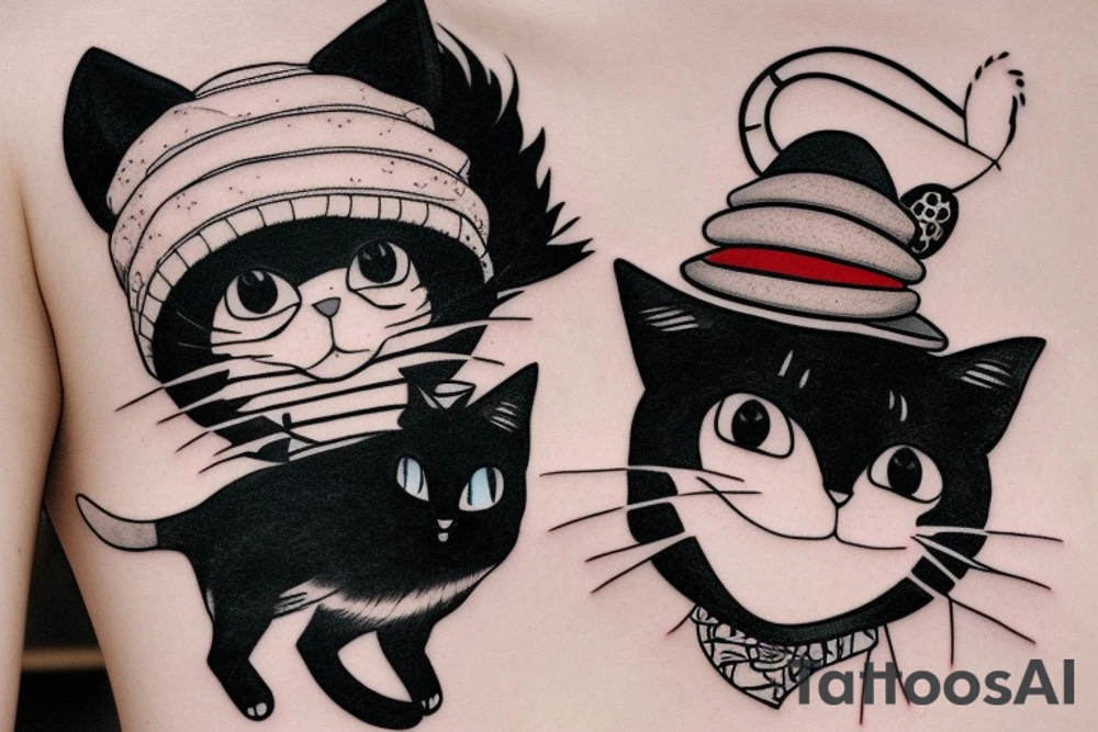 Black cat with a funny hat and a sweater tattoo idea