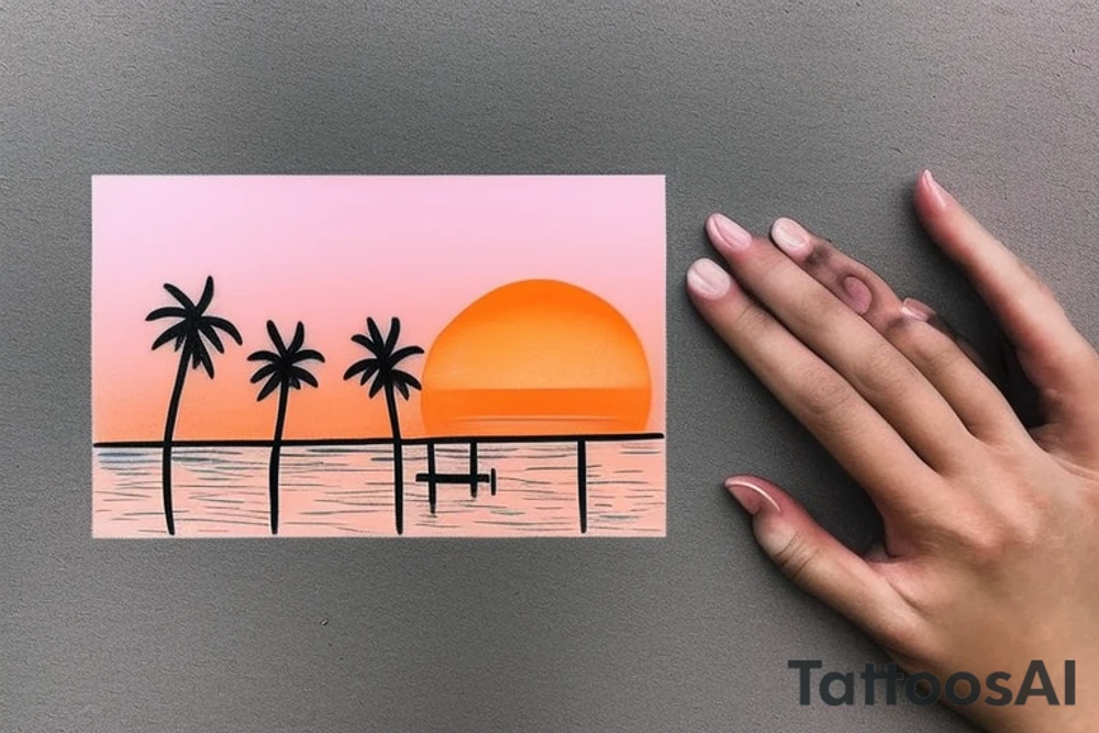 Outline of A bear paw. Inside the Paw Print: A beach scene with a sunrise casting warm hues of orange and pink across the sky and water. Elements on the Beach: A couple of palm trees
Dock: A dock extending out into the water
Silhouette: At the end of the dock, a silhouette of a dog. tattoo idea