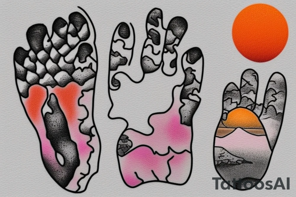 Outline of A bear paw. Inside the Paw Print: A beach scene with a sunrise casting warm hues of orange and pink across the sky and water. Elements on the Beach: A couple of palm trees
Dock: A dock extending out into the water
Silhouette: At the end of the dock, a silhouette of a dog. tattoo idea