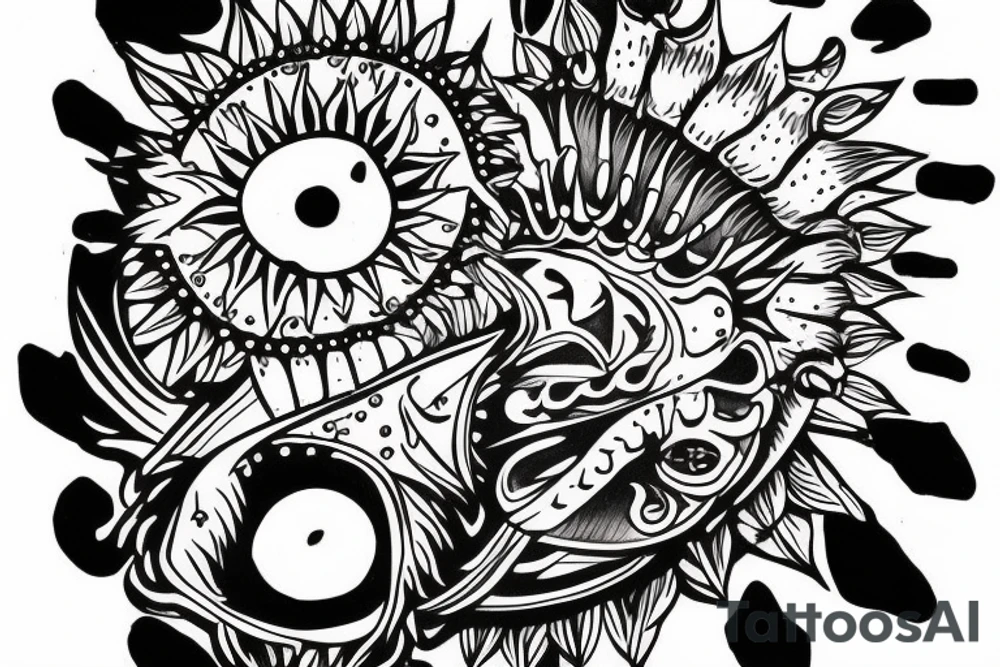 Outline of Bear paw with claws. inside the bear paw is a sun rising over an ocean horizon tattoo idea