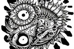 Outline of Bear paw with claws. inside the bear paw is a sun rising over an ocean horizon tattoo idea