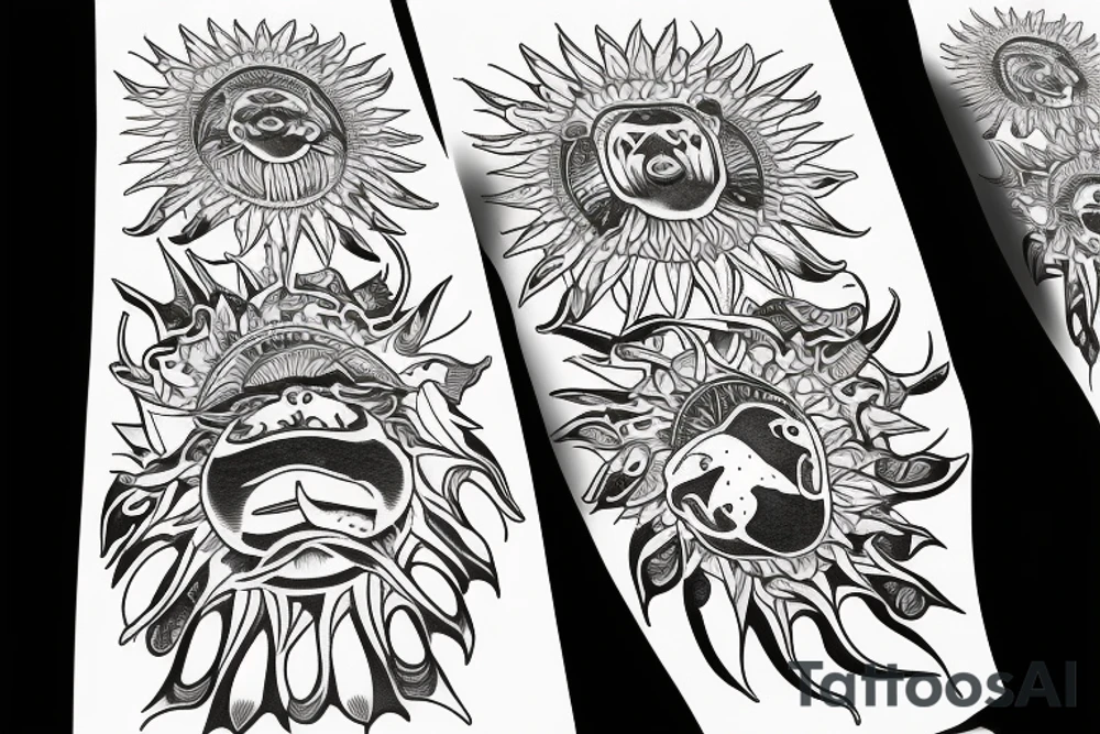 Outline of Bear paw with claws. inside the bear paw is a sun rising over an ocean horizon tattoo idea