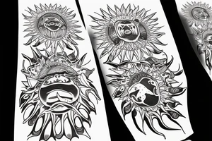 Outline of Bear paw with claws. inside the bear paw is a sun rising over an ocean horizon tattoo idea
