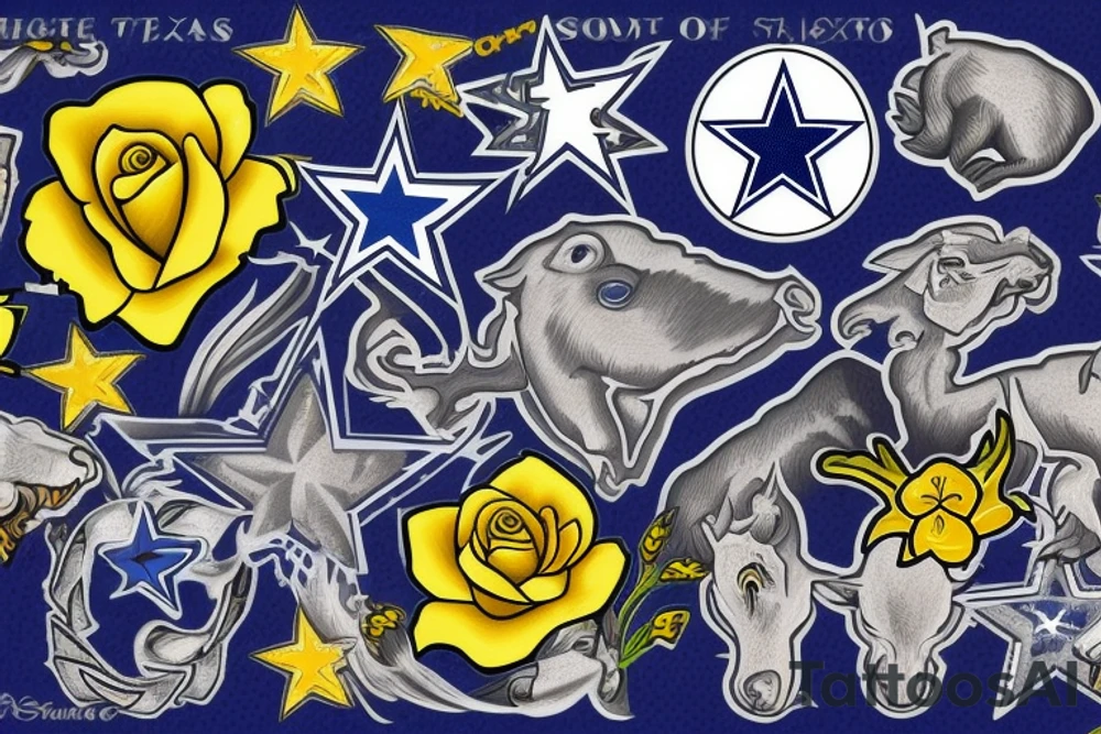 State of texas, Dallas cowboys star, San Antonio spurs logo, bluebonnet, yellow rose, armadillo tattoo idea