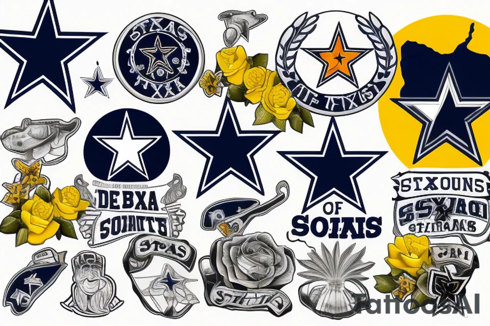 State of texas, Dallas cowboys star, San Antonio spurs logo, bluebonnet, yellow rose, armadillo, the alamo tattoo idea