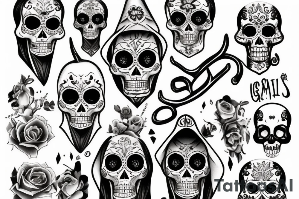 Realistic Grim reaper and souls and dia de los muertos tattoo idea