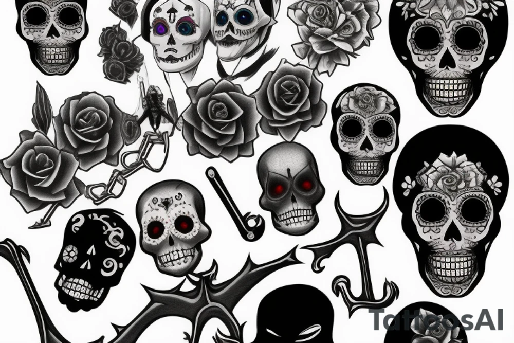 Realistic Grim reaper and souls and dia de los muertos tattoo idea