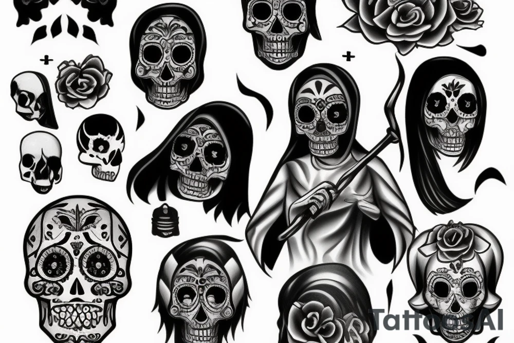 Realistic full body Grim reaper and souls and dia de los muertos tattoo idea