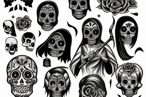 Realistic full body Grim reaper and souls and dia de los muertos tattoo idea