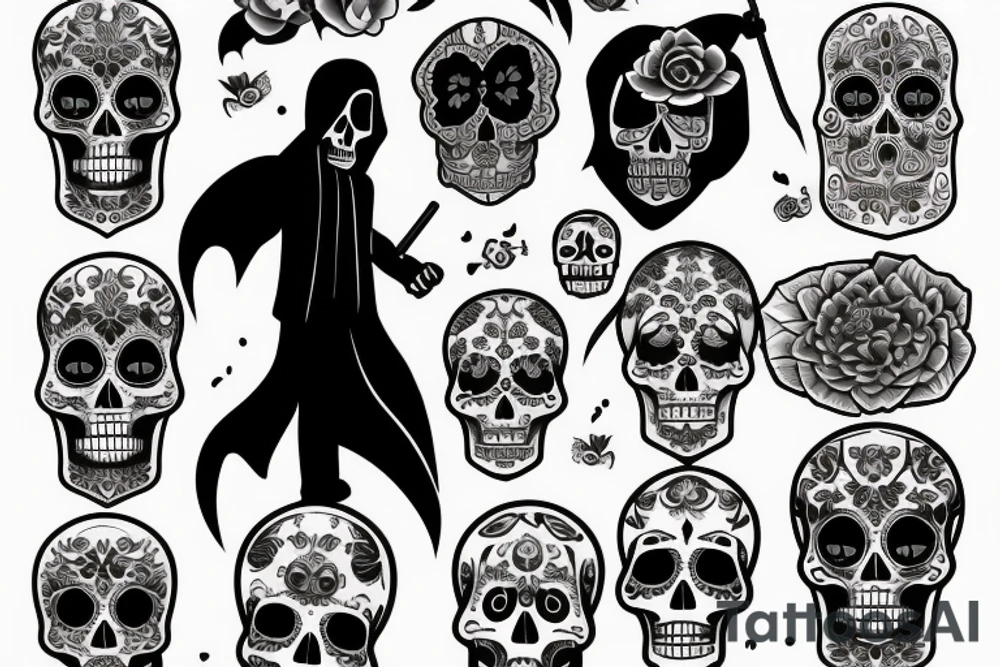Realistic full body Grim reaper and souls and dia de los muertos tattoo idea