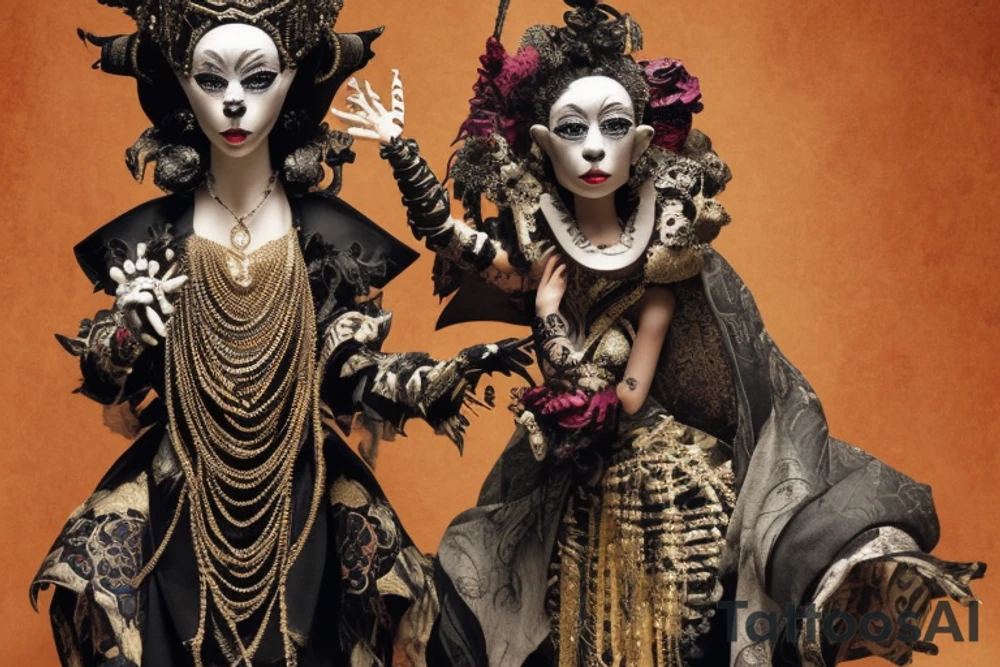The tattoo showcases a captivating puppet master figure in a commanding pose, exuding an aura of intrigue and control. The puppet master stands tall and elegant, draped in mysterious attire with ornate details that evoke a sense of ancient wisdom and power.

Their face remains partially obscured, adding an air of enigma to their identity. Their eyes, however, shine with an intense focus, hinting at their ability to see and manipulate the unseen strings that govern the world.

In one hand, the puppet master holds an intricately crafted wooden puppet, the strings delicately wrapped around their fingers. The puppet embodies a symbol of human agency, hinting at the ability to control individuals or events.

The other hand of the puppet master remains raised, seemingly gesturing with authority, suggesting their ability to orchestrate outcomes as they desire.

Behind the puppet master, a dynamic backdrop unfolds, resembling a kaleidoscope of swirling patterns. The intricate fractal-like motifs extend from the puppet master's hand, symbolizing their influence spreading endlessly into the fabric of reality.

The overall style of the tattoo is a blend of realism and fantasy, with fine lines and meticulous detailing. The use of shades and gradients gives depth to the design, enhancing the puppet master's commanding presence and creating a visually captivating piece of art.

The color palette consists of rich, deep hues, such as royal purples, deep blues, and hints of gold, adding a sense of regality and mystery to the composition.

The tattoo design serves as an intriguing reflection of the bearer's desire for control and manipulation, encapsulating the complexities and nuances of human agency and power. tattoo idea