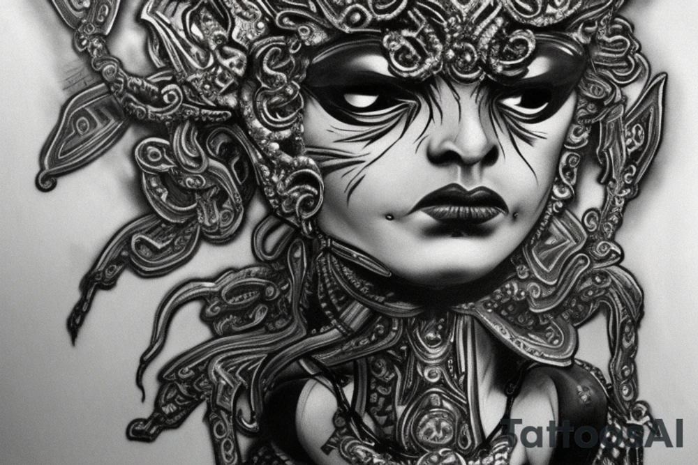 The tattoo showcases a captivating puppet master figure in a commanding pose, exuding an aura of intrigue and control. The puppet master stands tall and elegant, draped in mysterious attire with ornate details that evoke a sense of ancient wisdom and power.

Their face remains partially obscured, adding an air of enigma to their identity. Their eyes, however, shine with an intense focus, hinting at their ability to see and manipulate the unseen strings that govern the world.

In one hand, the puppet master holds an intricately crafted wooden puppet, the strings delicately wrapped around their fingers. The puppet embodies a symbol of human agency, hinting at the ability to control individuals or events.

The other hand of the puppet master remains raised, seemingly gesturing with authority, suggesting their ability to orchestrate outcomes as they desire.

Behind the puppet master, a dynamic backdrop unfolds, resembling a kaleidoscope of swirling patterns. The intricate fractal-like motifs extend from the puppet master's hand, symbolizing their influence spreading endlessly into the fabric of reality.

The overall style of the tattoo is a blend of realism and fantasy, with fine lines and meticulous detailing. The use of shades and gradients gives depth to the design, enhancing the puppet master's commanding presence and creating a visually captivating piece of art.

The color palette consists of rich, deep hues, such as royal purples, deep blues, and hints of gold, adding a sense of regality and mystery to the composition.

The tattoo design serves as an intriguing reflection of the bearer's desire for control and manipulation, encapsulating the complexities and nuances of human agency and power. tattoo idea