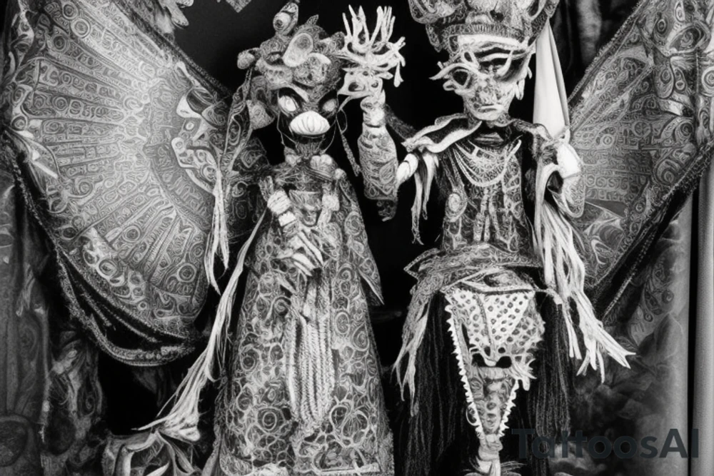 The tattoo showcases a captivating puppet master figure in a commanding pose, exuding an aura of intrigue and control. The puppet master stands tall and elegant, draped in mysterious attire with ornate details that evoke a sense of ancient wisdom and power.

Their face remains partially obscured, adding an air of enigma to their identity. Their eyes, however, shine with an intense focus, hinting at their ability to see and manipulate the unseen strings that govern the world.

In one hand, the puppet master holds an intricately crafted wooden puppet, the strings delicately wrapped around their fingers. The puppet embodies a symbol of human agency, hinting at the ability to control individuals or events.

The other hand of the puppet master remains raised, seemingly gesturing with authority, suggesting their ability to orchestrate outcomes as they desire.

Behind the puppet master, a dynamic backdrop unfolds, resembling a kaleidoscope of swirling patterns. The intricate fractal-like motifs extend from the puppet master's hand, symbolizing their influence spreading endlessly into the fabric of reality.

The overall style of the tattoo is a blend of realism and fantasy, with fine lines and meticulous detailing. The use of shades and gradients gives depth to the design, enhancing the puppet master's commanding presence and creating a visually captivating piece of art.

The color palette consists of rich, deep hues, such as royal purples, deep blues, and hints of gold, adding a sense of regality and mystery to the composition.

The tattoo design serves as an intriguing reflection of the bearer's desire for control and manipulation, encapsulating the complexities and nuances of human agency and power. tattoo idea