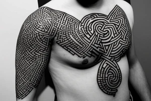 Minimalist intricate, interlocking labyrinth on ribs tattoo idea