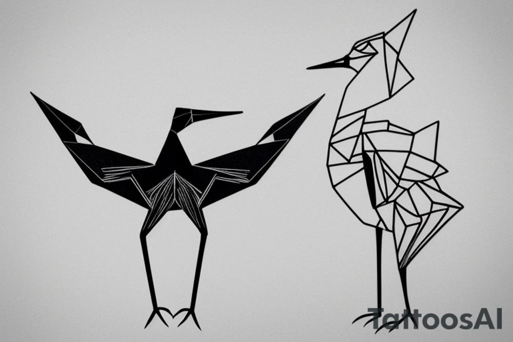 features a small and elegant, yet detailed, origami crane. The crane is folded with precision and delicacy, representing the art of transformation and growth. The design is done using fine lines and minimalist black ink, creating a subtle and captivating look. tattoo idea