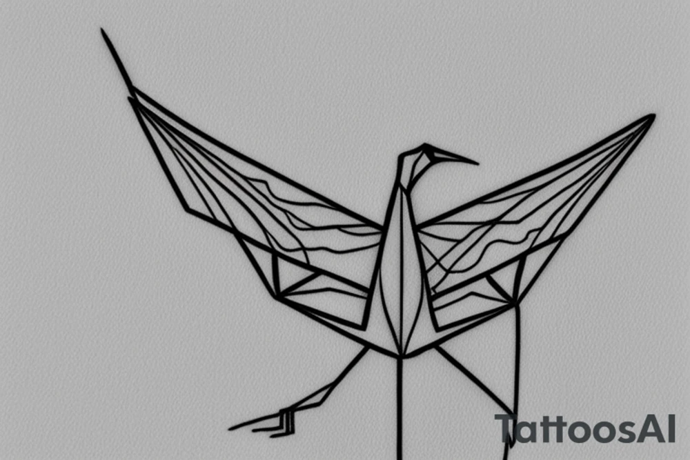 features a small and elegant, yet detailed, origami crane. The crane is folded with precision and delicacy, representing the art of transformation and growth. The design is done using fine lines and minimalist black ink, creating a subtle and captivating look. tattoo idea