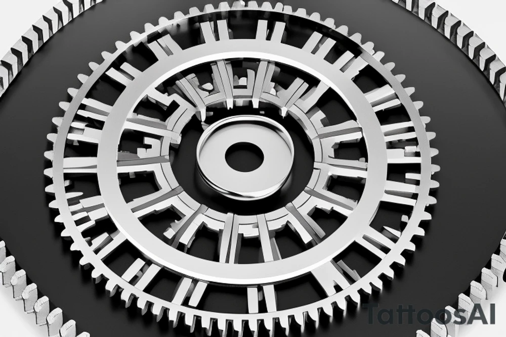 The cogwheel is designed with precise and clean lines, showcasing its mechanical essence. It consists of six interlocking gears, each with sharp teeth and perfectly aligned, symbolizing the bearer's desire for control and precision in their life's journey.

The gears are arranged in a circular formation, creating a visually captivating and balanced composition. The outermost gear serves as the primary focal point, slightly larger than the others, and its teeth are more pronounced, representing the central role of the bearer's control in their life. tattoo idea