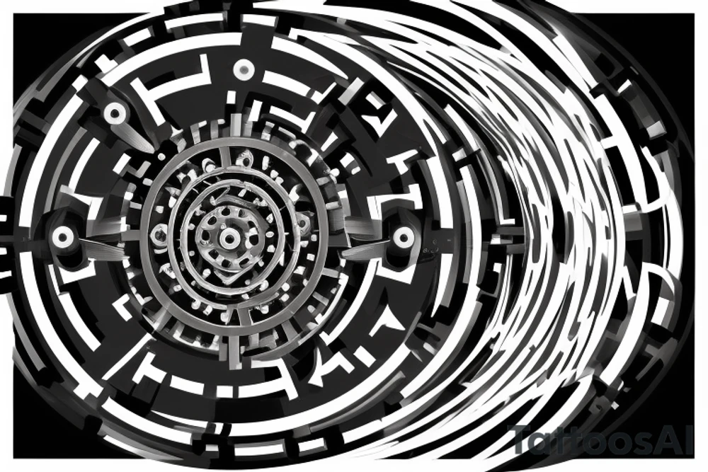 The cogwheel is designed with precise and clean lines, showcasing its mechanical essence. It consists of six interlocking gears, each with sharp teeth and perfectly aligned, symbolizing the bearer's desire for control and precision in their life's journey.

The gears are arranged in a circular formation, creating a visually captivating and balanced composition. The outermost gear serves as the primary focal point, slightly larger than the others, and its teeth are more pronounced, representing the central role of the bearer's control in their life. tattoo idea
