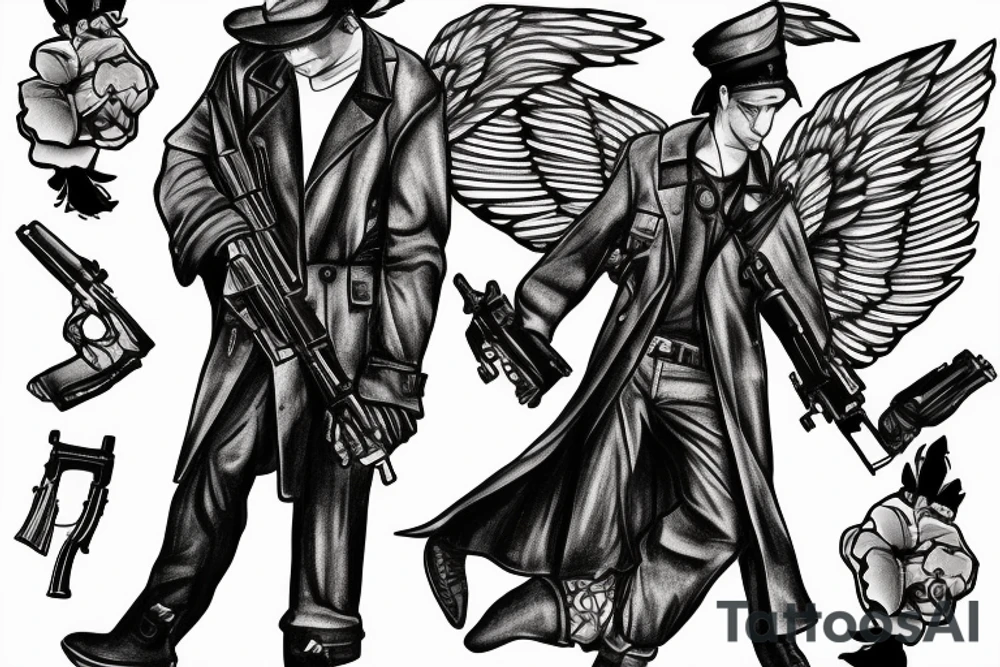 Male angel on pavement with dark background holding two guns infront of him wearing trench coat and sicilian cap tattoo idea
