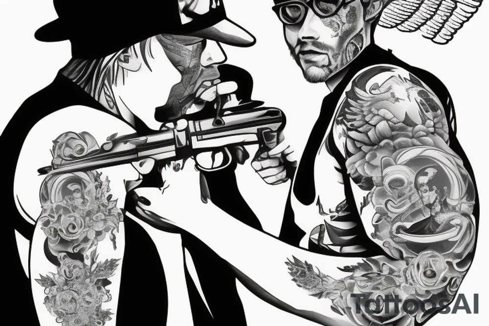 Male angel with dark background holding two guns infront of him wearing trench coat and sicilian cap tattoo idea