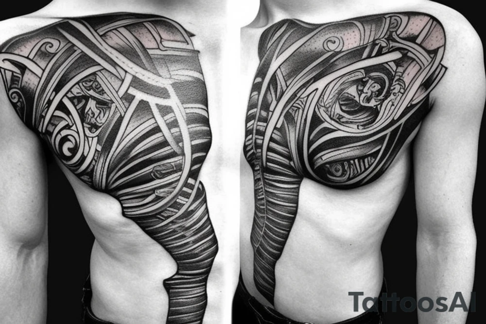 Rib cage tattoo for men with Greek gods and Ancient Greek symbolism on ribs tattoo idea