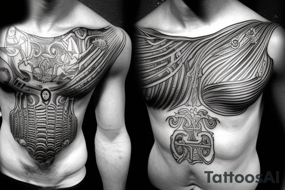 Rib cage tattoo for men with Greek gods and Ancient Greek symbolism on ribs tattoo idea