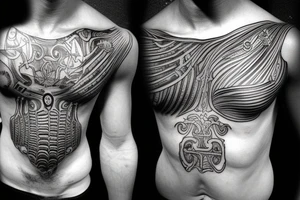 Rib cage tattoo for men with Greek gods and Ancient Greek symbolism on ribs tattoo idea