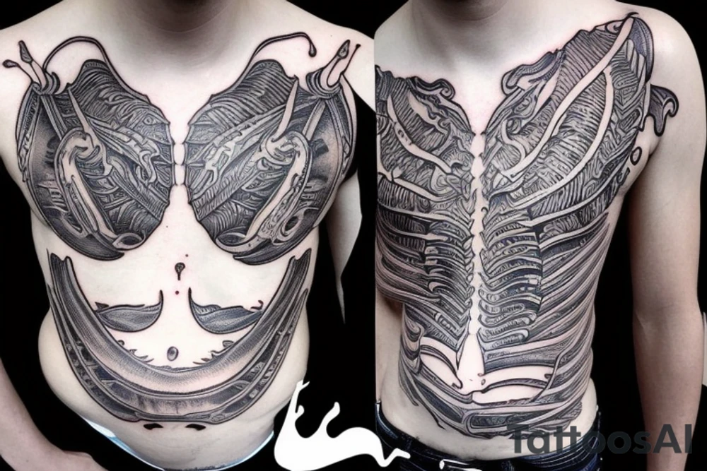 Rib cage tattoo for men with Greek gods and Ancient Greek symbolism on ribs tattoo idea