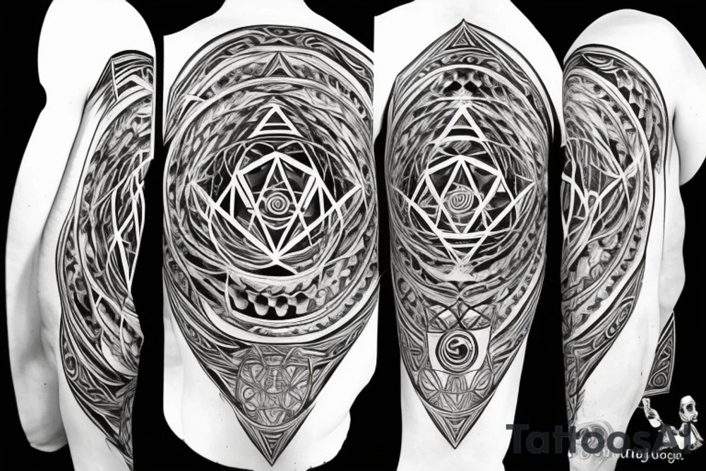 Evil looking alchemist surrounded with ancient alchemy symbols and sacred geometry tattoo idea