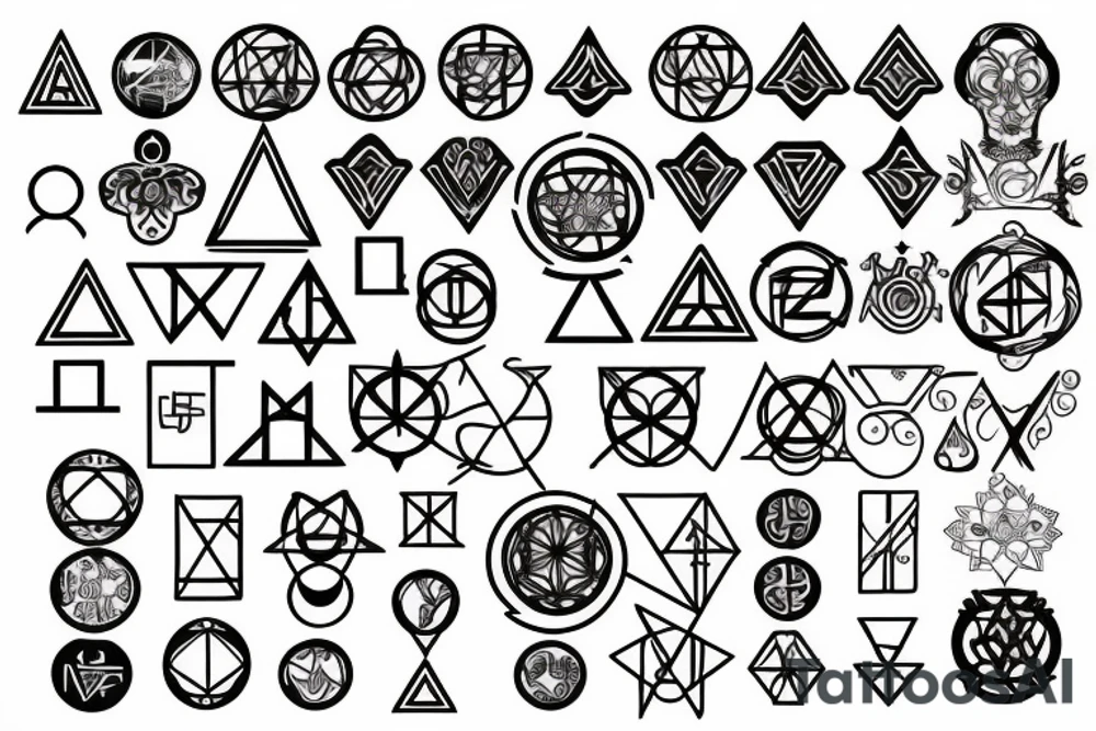 an alchemist surrounded with ancient alchemy symbols and sacred geometry tattoo idea