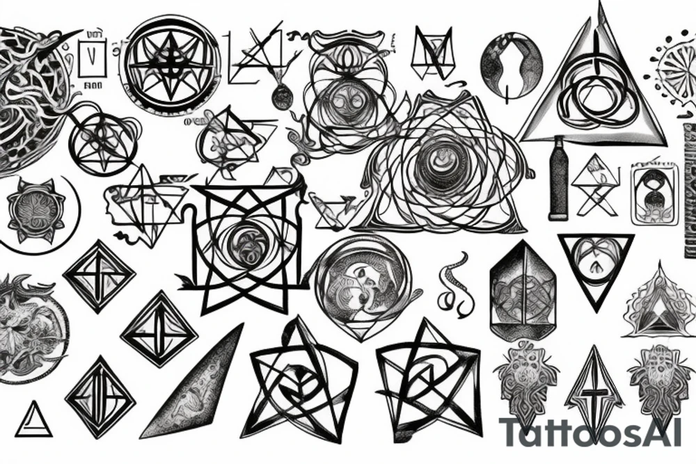 an alchemist surrounded with ancient alchemy symbols and sacred geometry tattoo idea