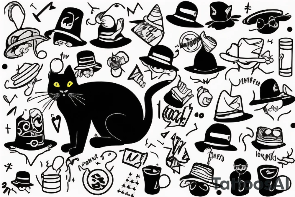 a black cat with a funny hat and a sweater, doing a magic trick tattoo idea