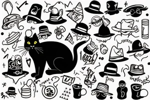 a black cat with a funny hat and a sweater, doing a magic trick tattoo idea