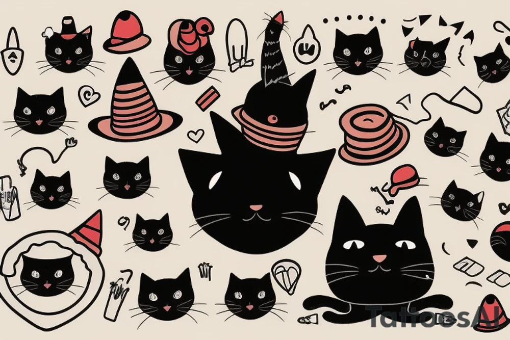 a black cat with a funny hat and a sweater, doing a magic trick tattoo idea