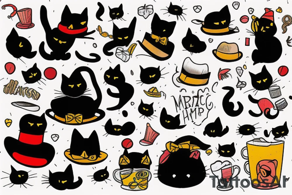 a black cat with a funny hat and a sweater, doing a magic trick tattoo idea