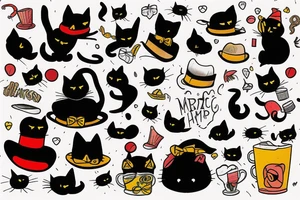 a black cat with a funny hat and a sweater, doing a magic trick tattoo idea